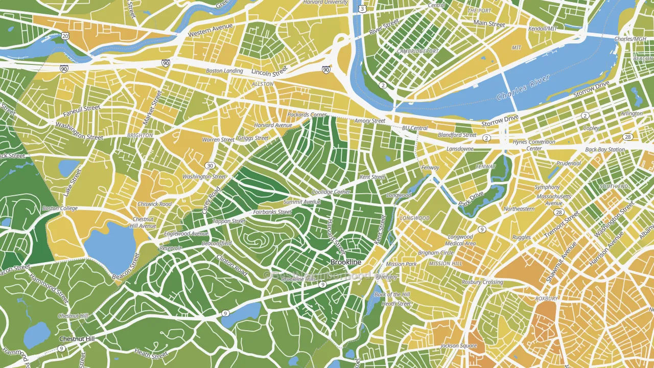 Map of the best neighborhoods in the 02446 area, with better matches in green and worse matches in red