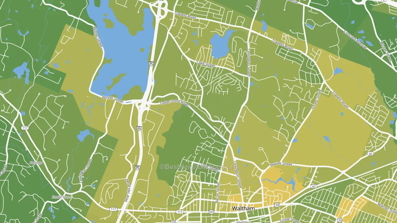 Map of the best neighborhoods in the 02451 area, with better matches in green and worse matches in red