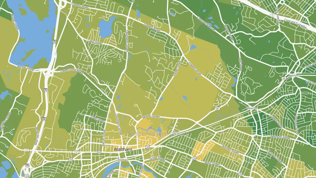 Map of the best neighborhoods in the 02452 area, with better matches in green and worse matches in red