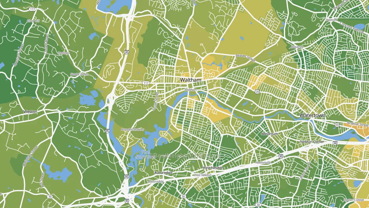 Map of the best neighborhoods in the 02453 area, with better matches in green and worse matches in red