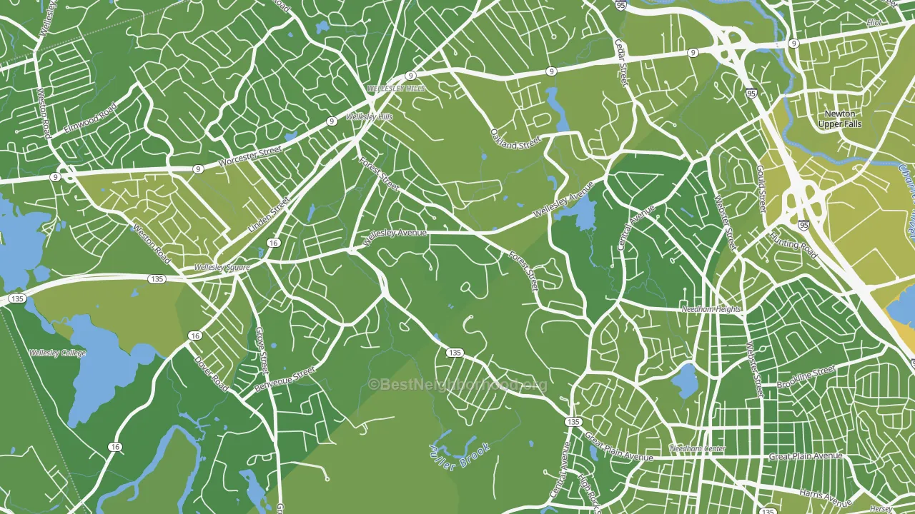 Map of the best neighborhoods in the 02457 area, with better matches in green and worse matches in red
