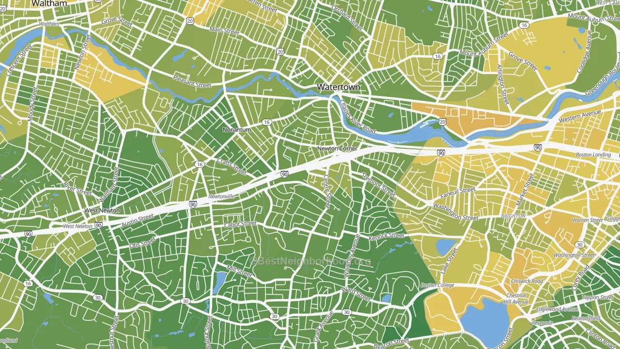 Map of the best neighborhoods in the 02458 area, with better matches in green and worse matches in red
