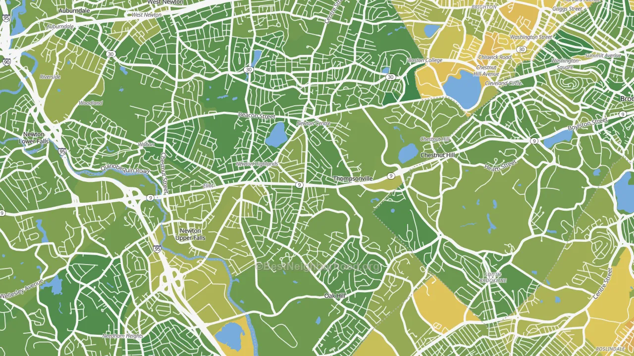 Map of the best neighborhoods in the 02459 area, with better matches in green and worse matches in red