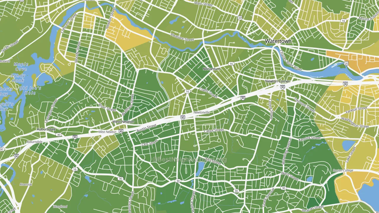 Map of the best neighborhoods in the 02460 area, with better matches in green and worse matches in red