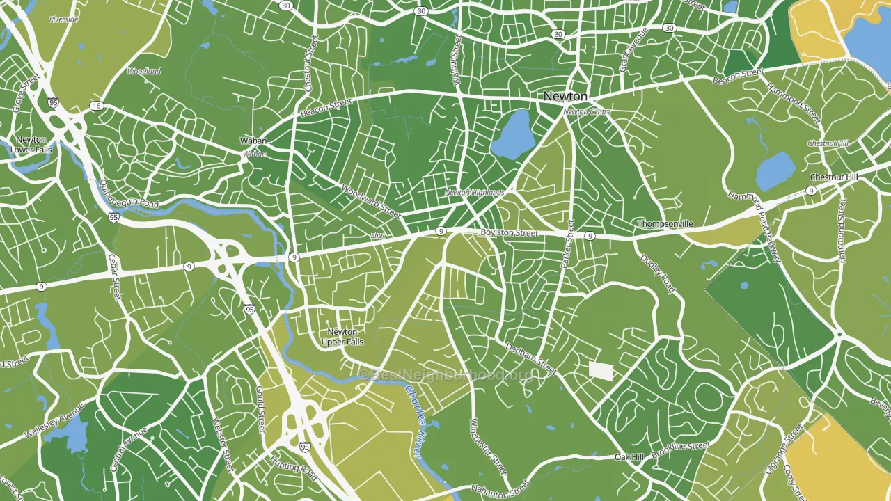 Map of the best neighborhoods in the 02461 area, with better matches in green and worse matches in red