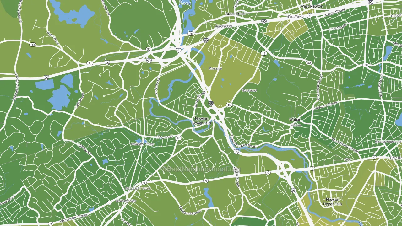 Map of the best neighborhoods in the 02462 area, with better matches in green and worse matches in red