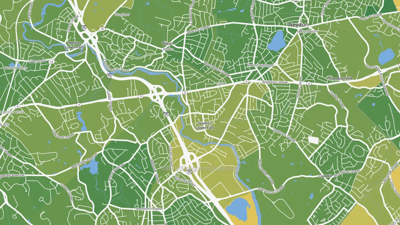 Map of the best neighborhoods in the 02464 area, with better matches in green and worse matches in red