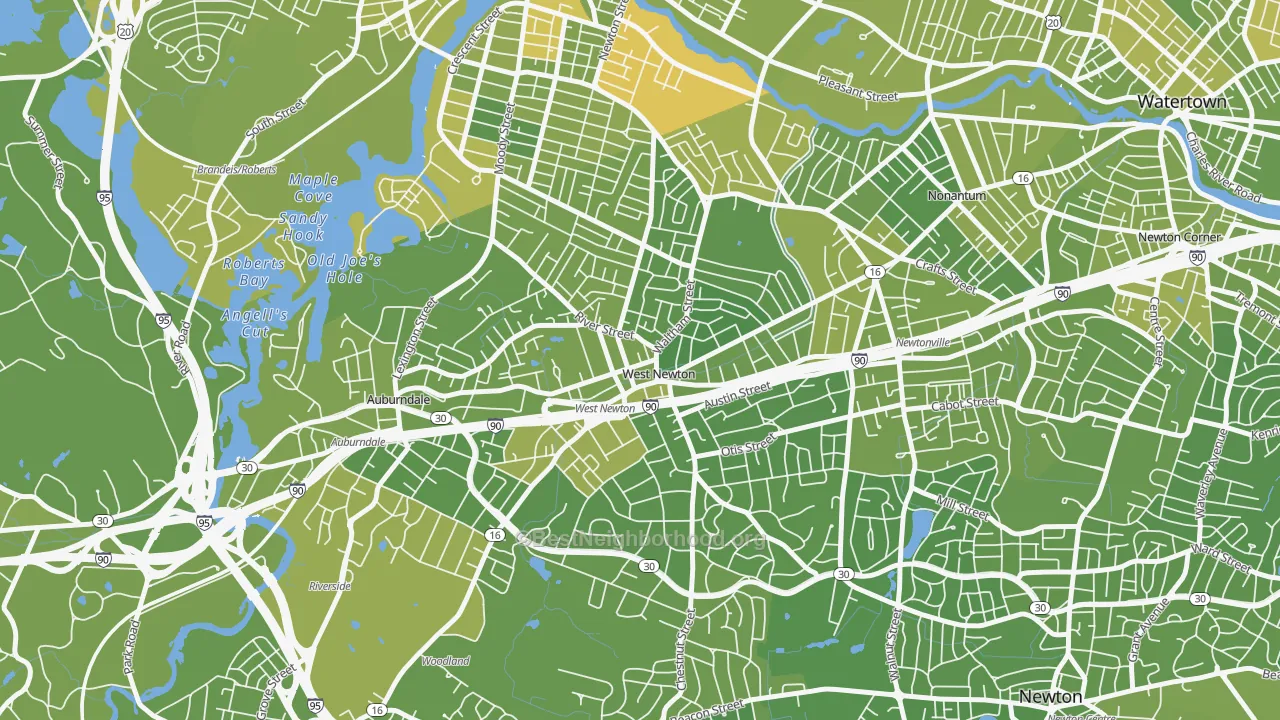 Map of the best neighborhoods in the 02465 area, with better matches in green and worse matches in red