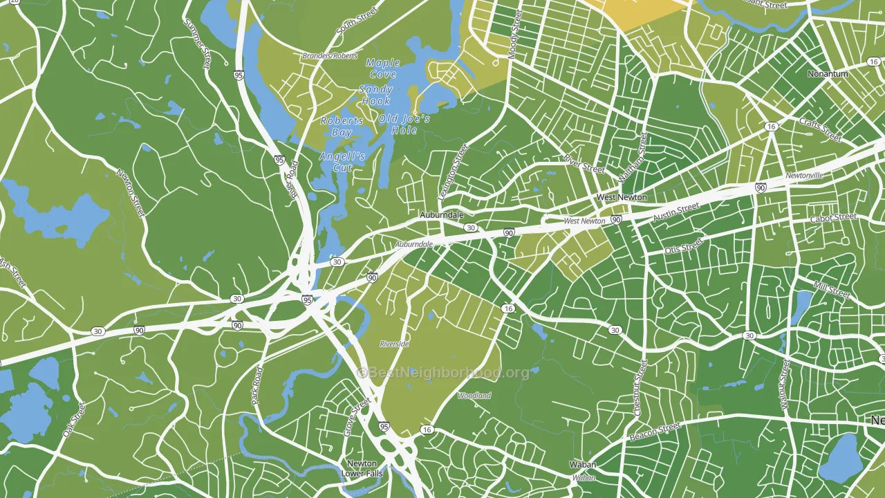 Map of the best neighborhoods in the 02466 area, with better matches in green and worse matches in red