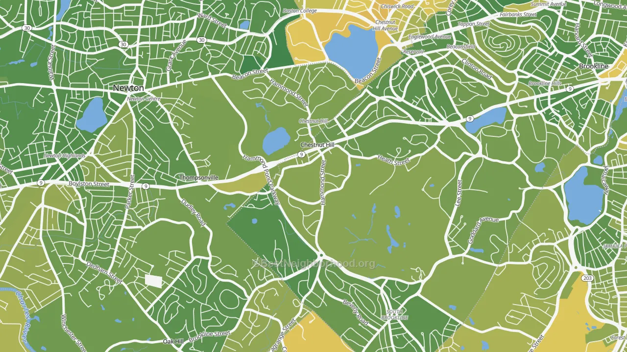 Map of the best neighborhoods in the 02467 area, with better matches in green and worse matches in red