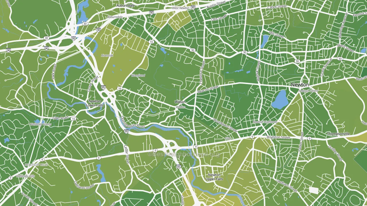 Map of the best neighborhoods in the 02468 area, with better matches in green and worse matches in red
