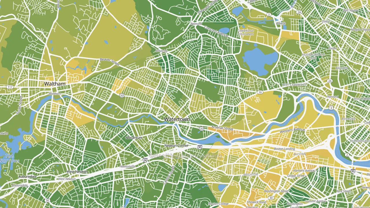 Map of the best neighborhoods in the 02472 area, with better matches in green and worse matches in red