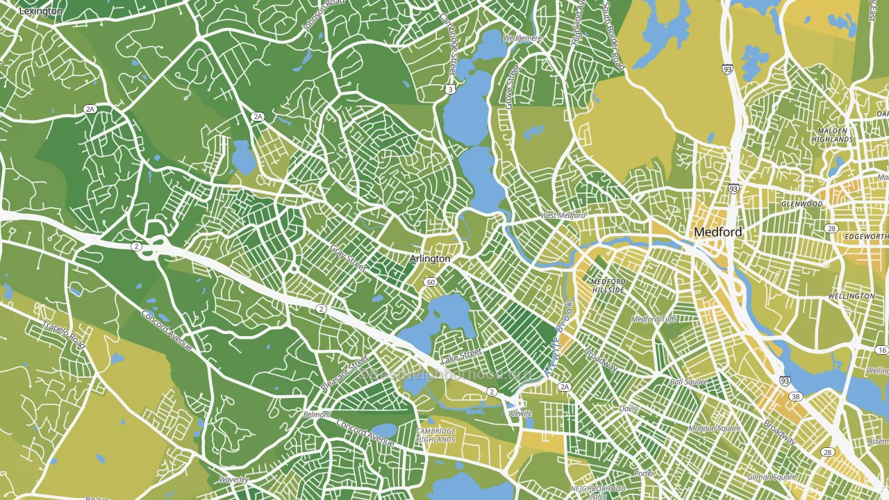 Map of the best neighborhoods in the 02474 area, with better matches in green and worse matches in red