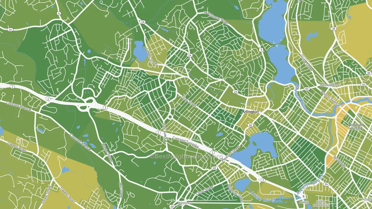 Map of the best neighborhoods in the 02476 area, with better matches in green and worse matches in red