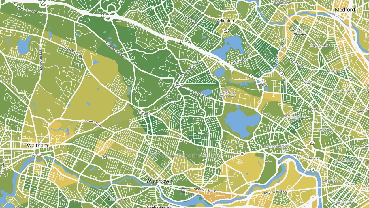 Map of the best neighborhoods in the 02478 area, with better matches in green and worse matches in red