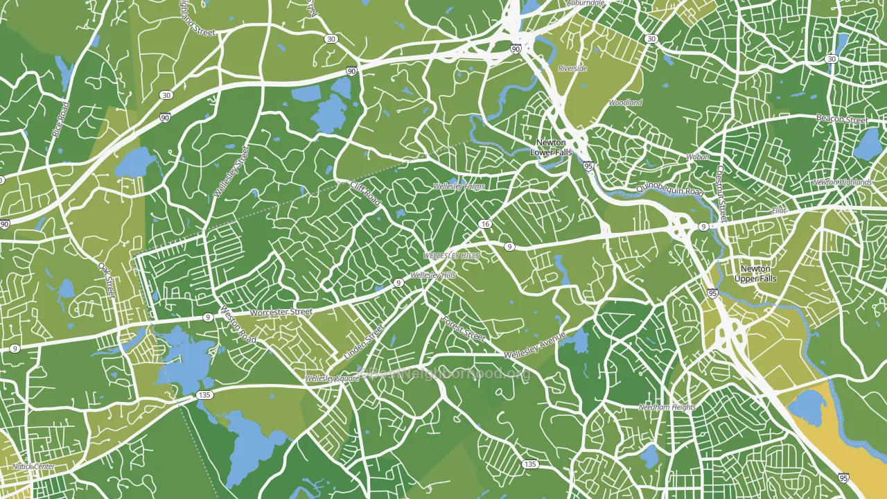 Map of the best neighborhoods in the 02481 area, with better matches in green and worse matches in red