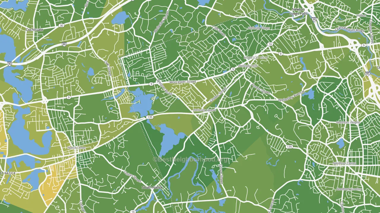 Map of the best neighborhoods in the 02482 area, with better matches in green and worse matches in red