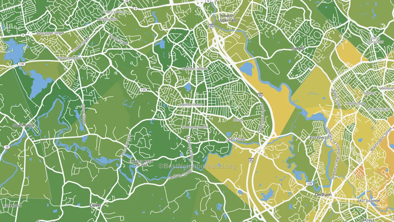 Map of the best neighborhoods in the 02492 area, with better matches in green and worse matches in red