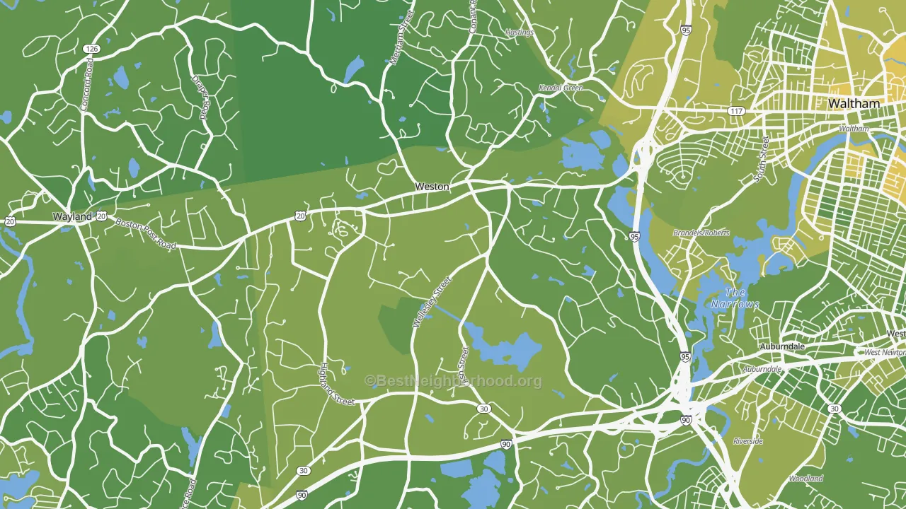 Map of the best neighborhoods in the 02493 area, with better matches in green and worse matches in red