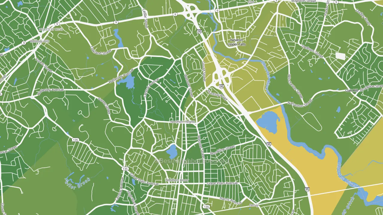Map of the best neighborhoods in the 02494 area, with better matches in green and worse matches in red