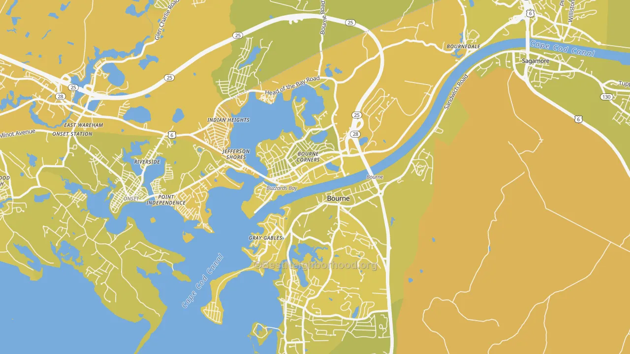 Map of the best neighborhoods in the 02532 area, with better matches in green and worse matches in red