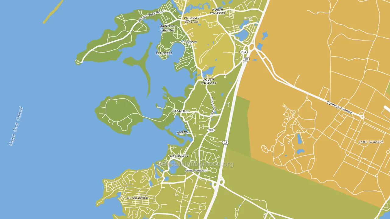 Map of the best neighborhoods in the 02534 area, with better matches in green and worse matches in red