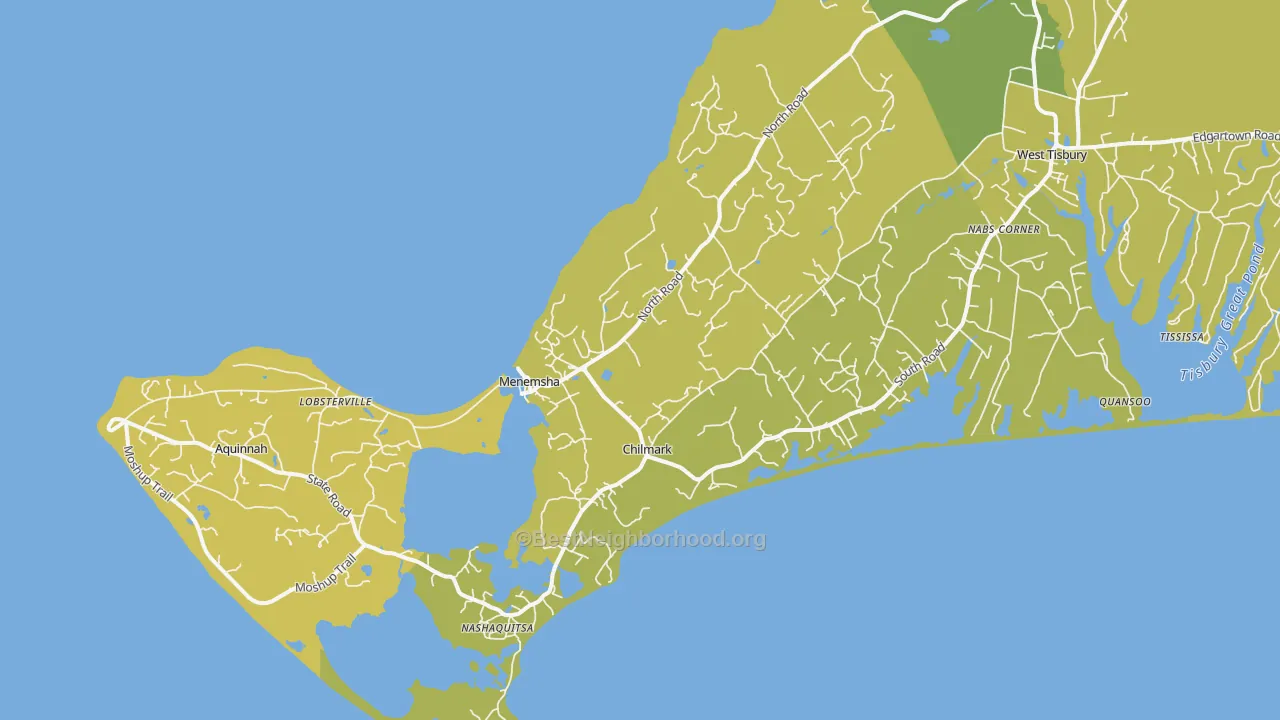Map of the best neighborhoods in the 02535 area, with better matches in green and worse matches in red