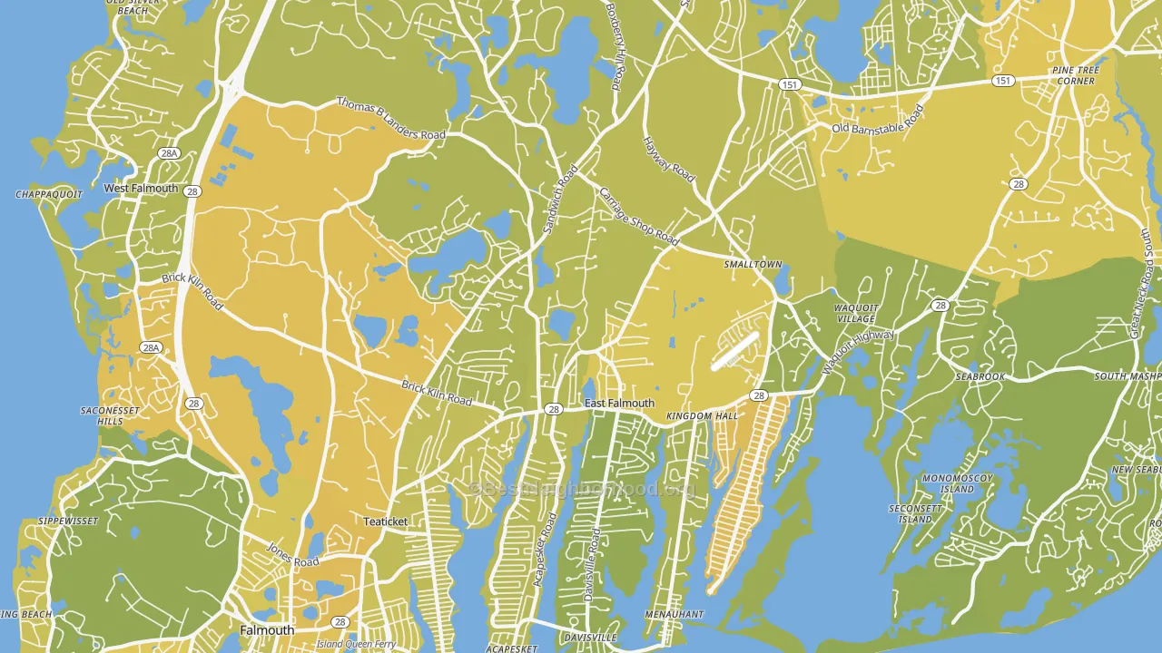 Map of the best neighborhoods in the 02536 area, with better matches in green and worse matches in red