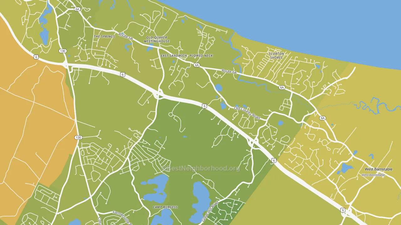 Map of the best neighborhoods in the 02537 area, with better matches in green and worse matches in red