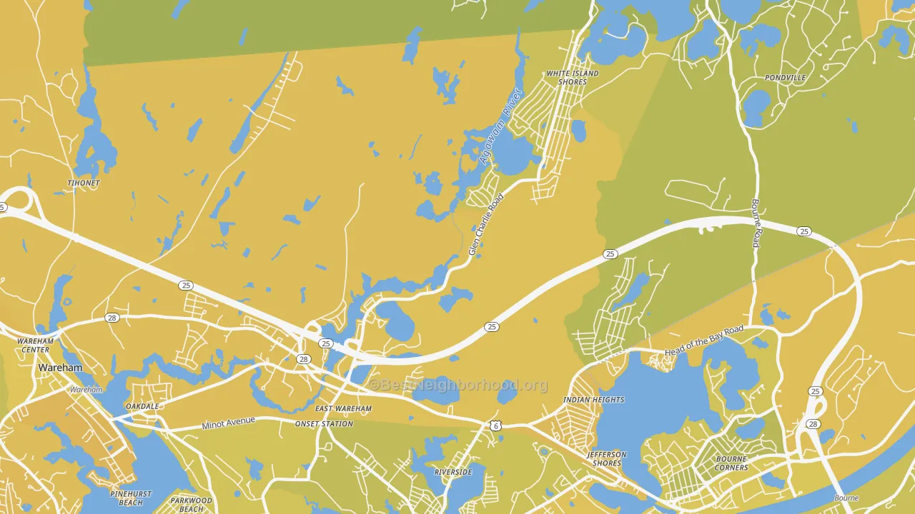 Map of the best neighborhoods in the 02538 area, with better matches in green and worse matches in red