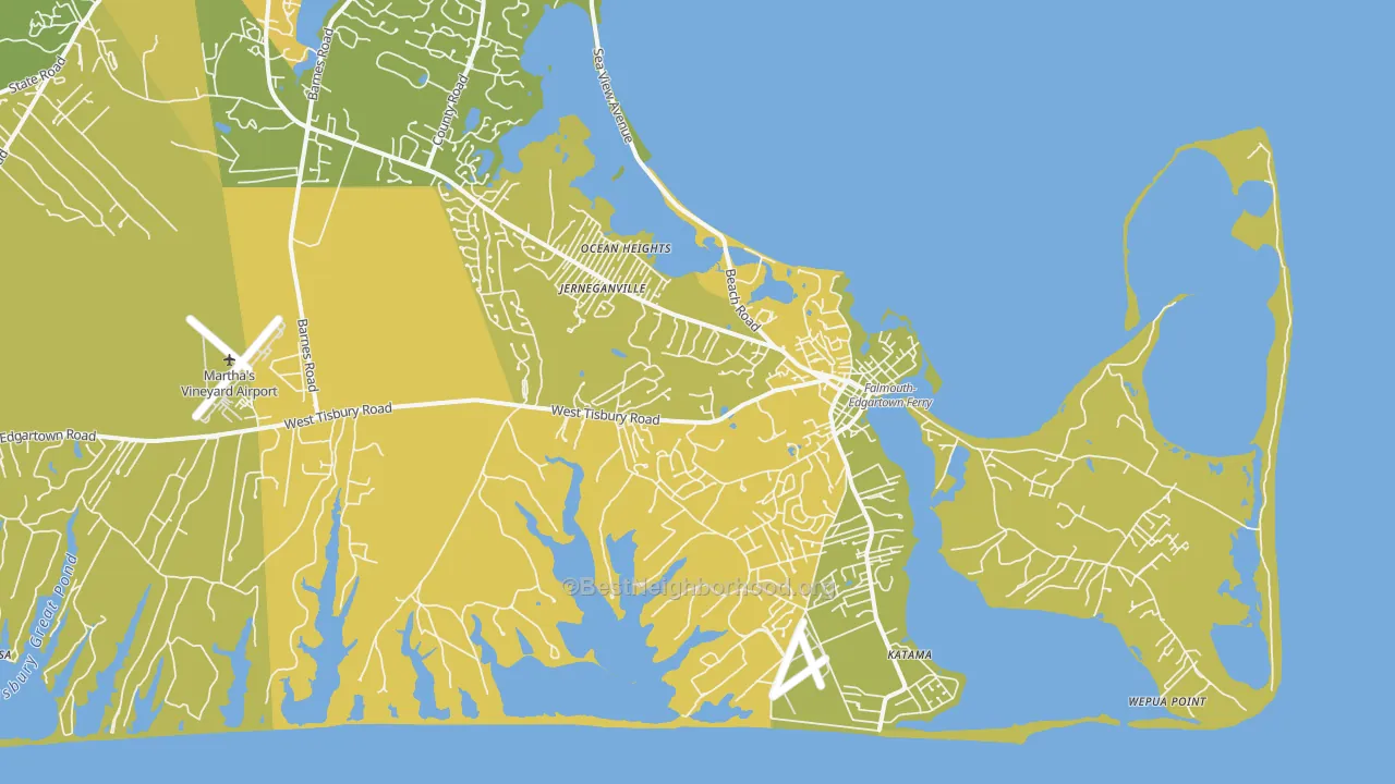 Map of the best neighborhoods in the 02539 area, with better matches in green and worse matches in red