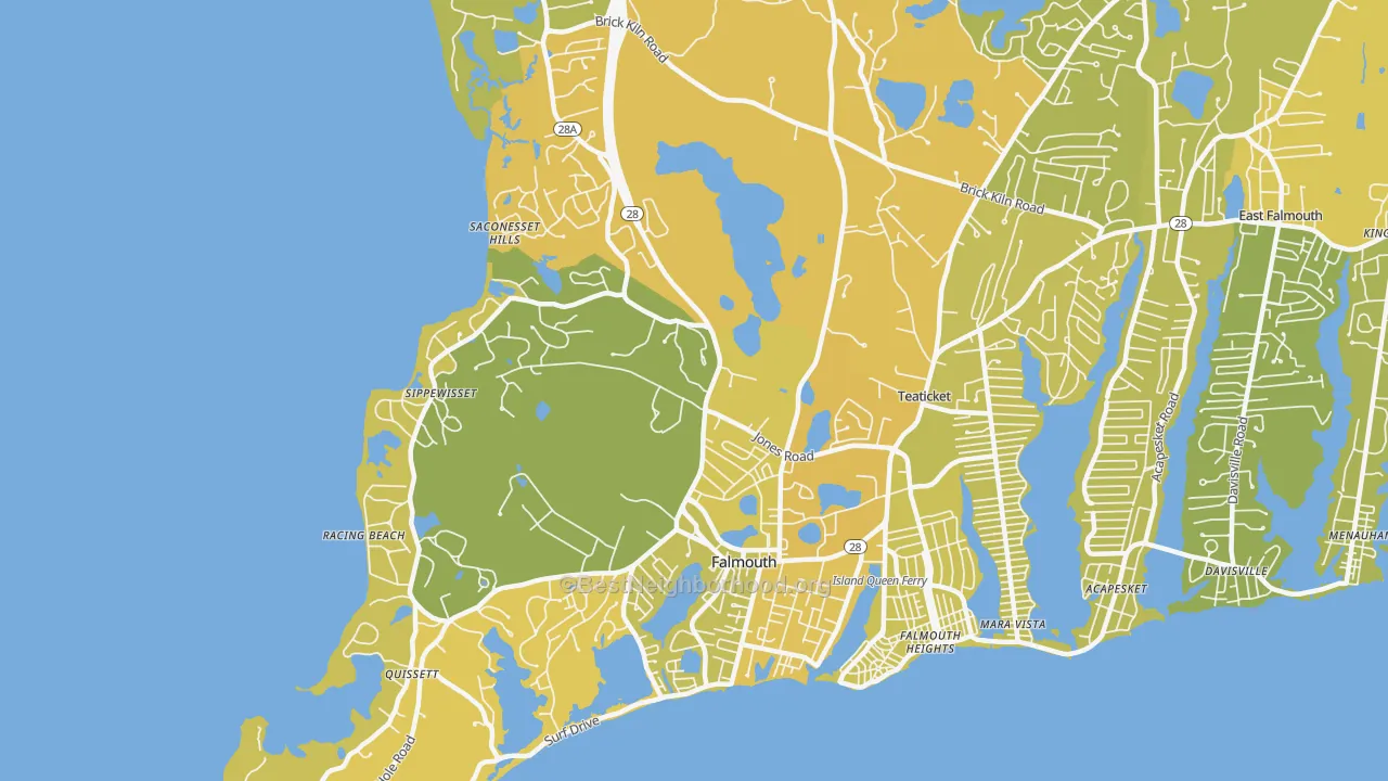 Map of the best neighborhoods in the 02540 area, with better matches in green and worse matches in red