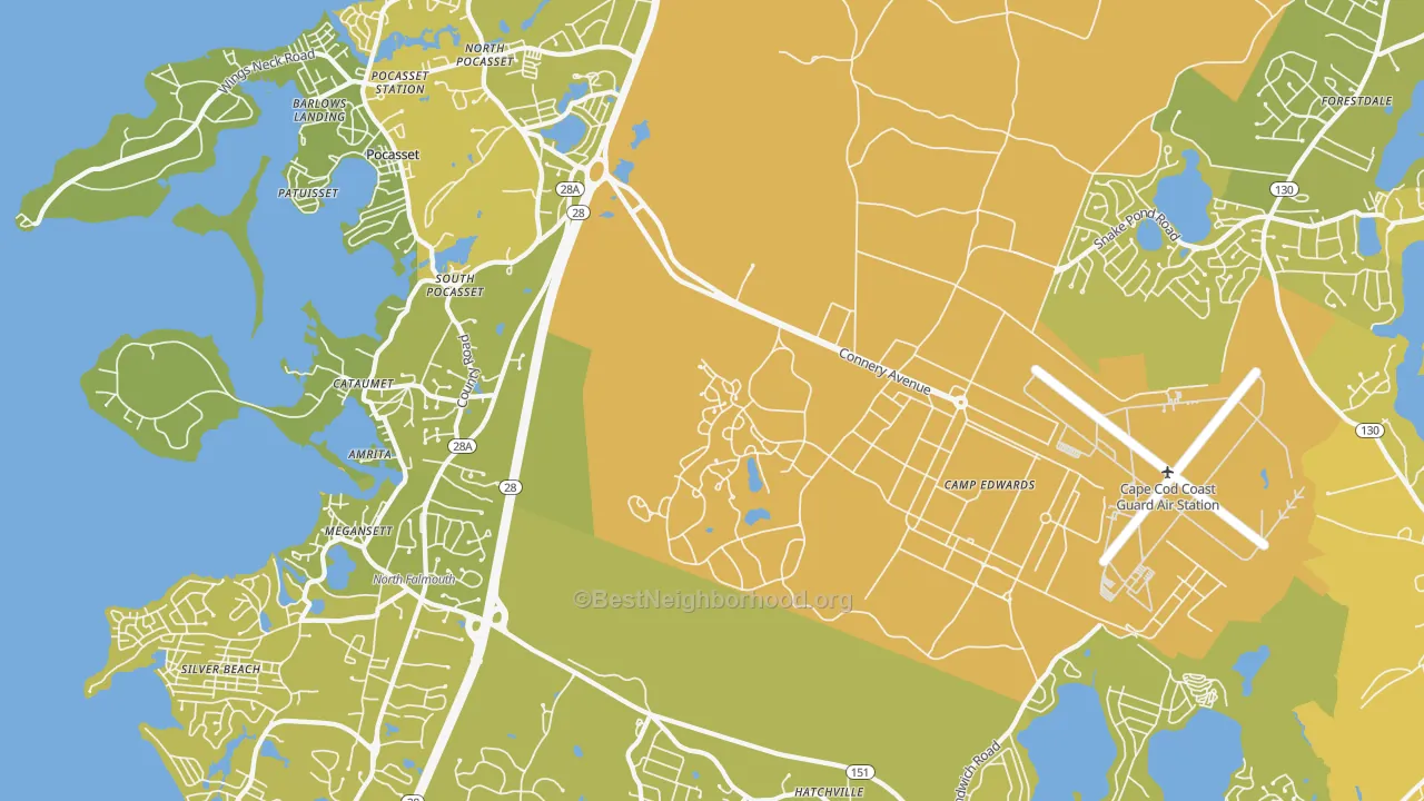 Map of the best neighborhoods in the 02542 area, with better matches in green and worse matches in red