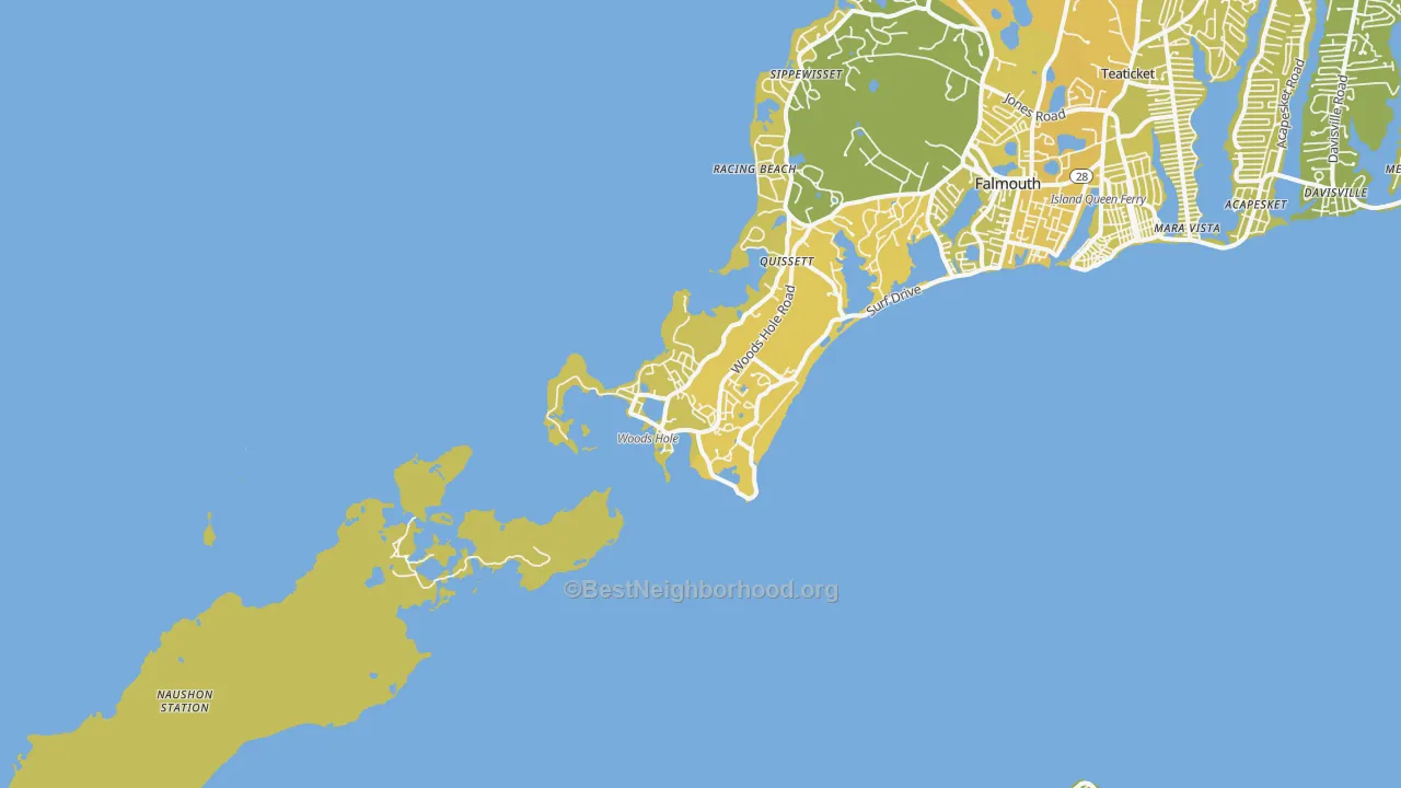 Map of the best neighborhoods in the 02543 area, with better matches in green and worse matches in red