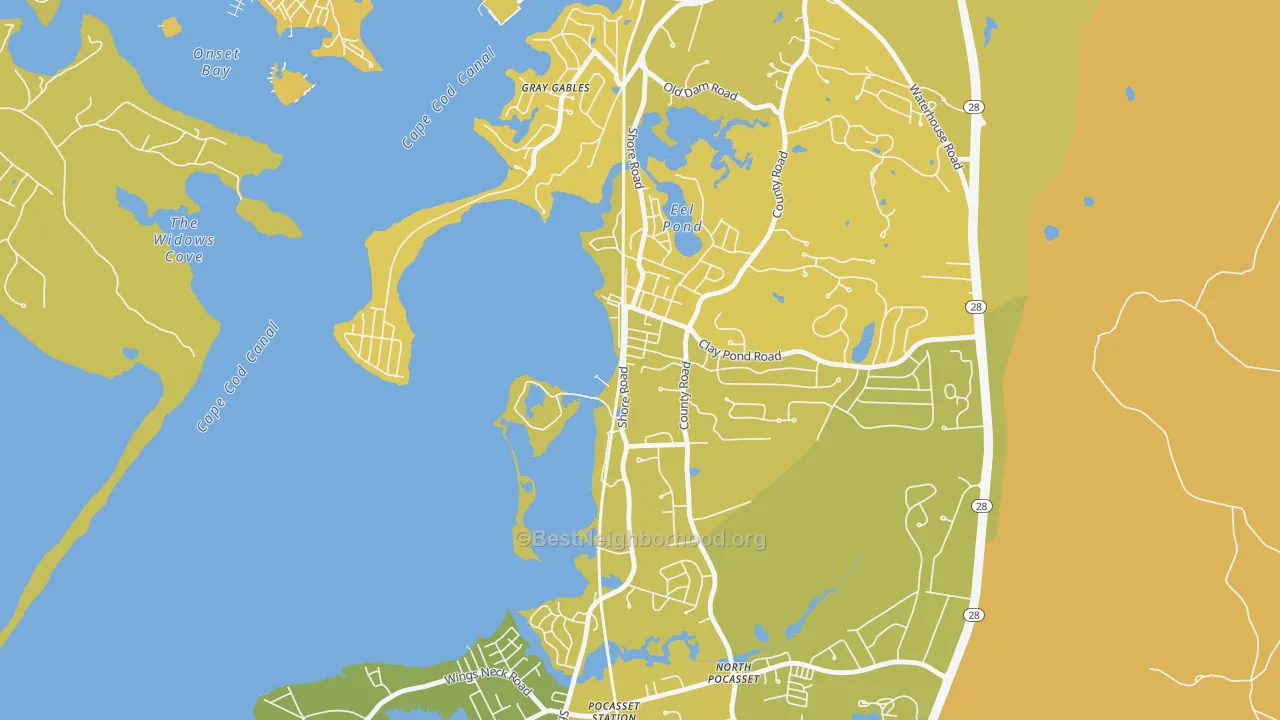 Map of the best neighborhoods in the 02553 area, with better matches in green and worse matches in red