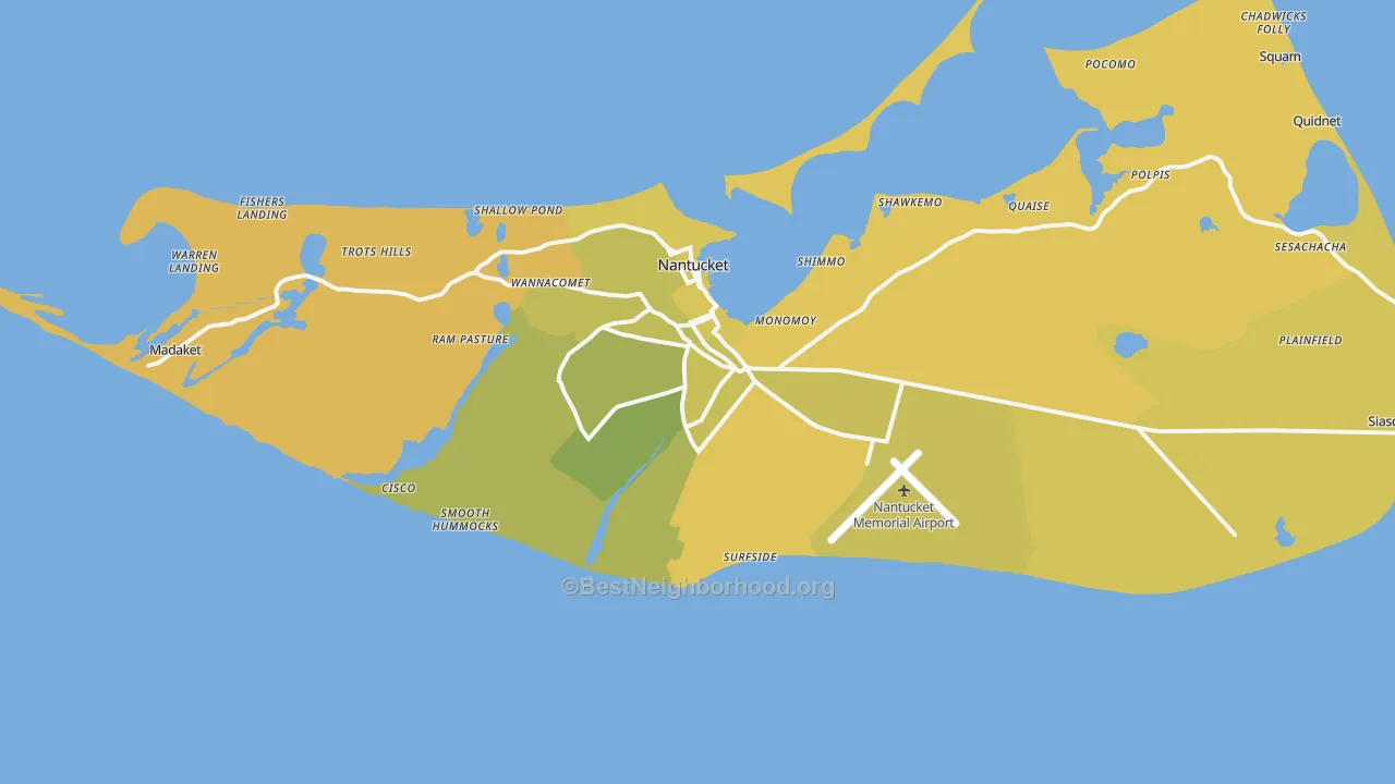 Map of the best neighborhoods in the 02554 area, with better matches in green and worse matches in red