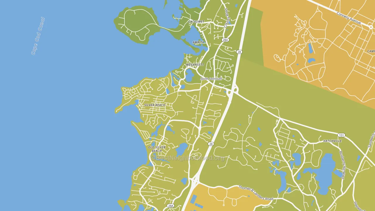 Map of the best neighborhoods in the 02556 area, with better matches in green and worse matches in red
