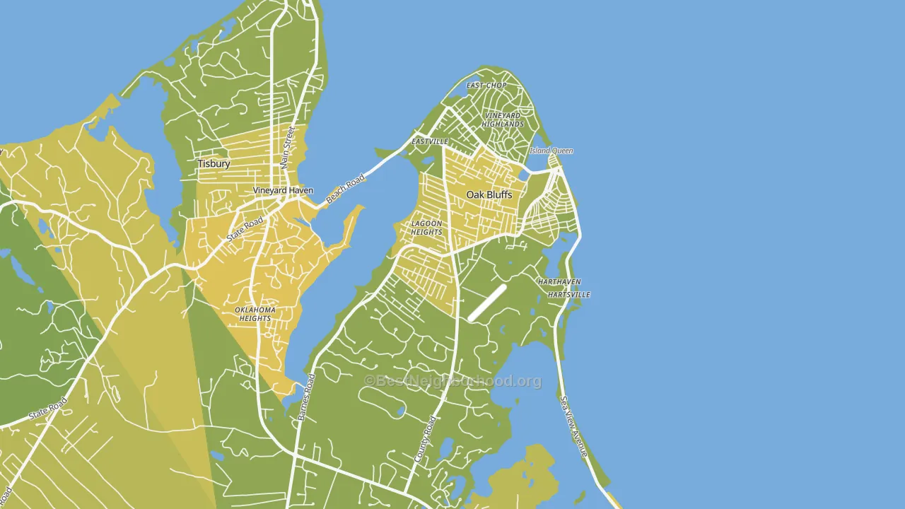 Map of the best neighborhoods in the 02557 area, with better matches in green and worse matches in red