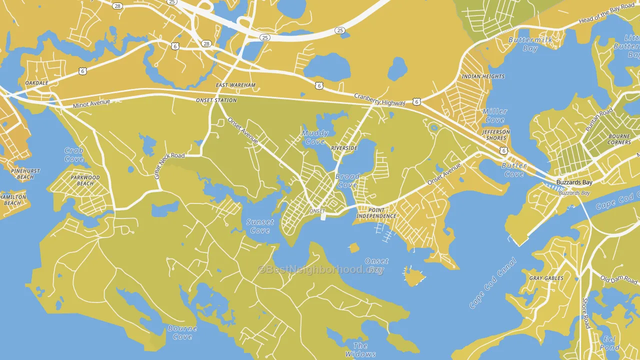 Map of the best neighborhoods in the 02558 area, with better matches in green and worse matches in red
