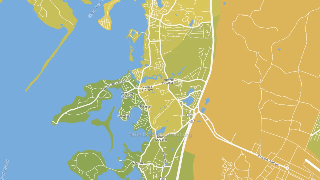 Map of the best neighborhoods in the 02559 area, with better matches in green and worse matches in red