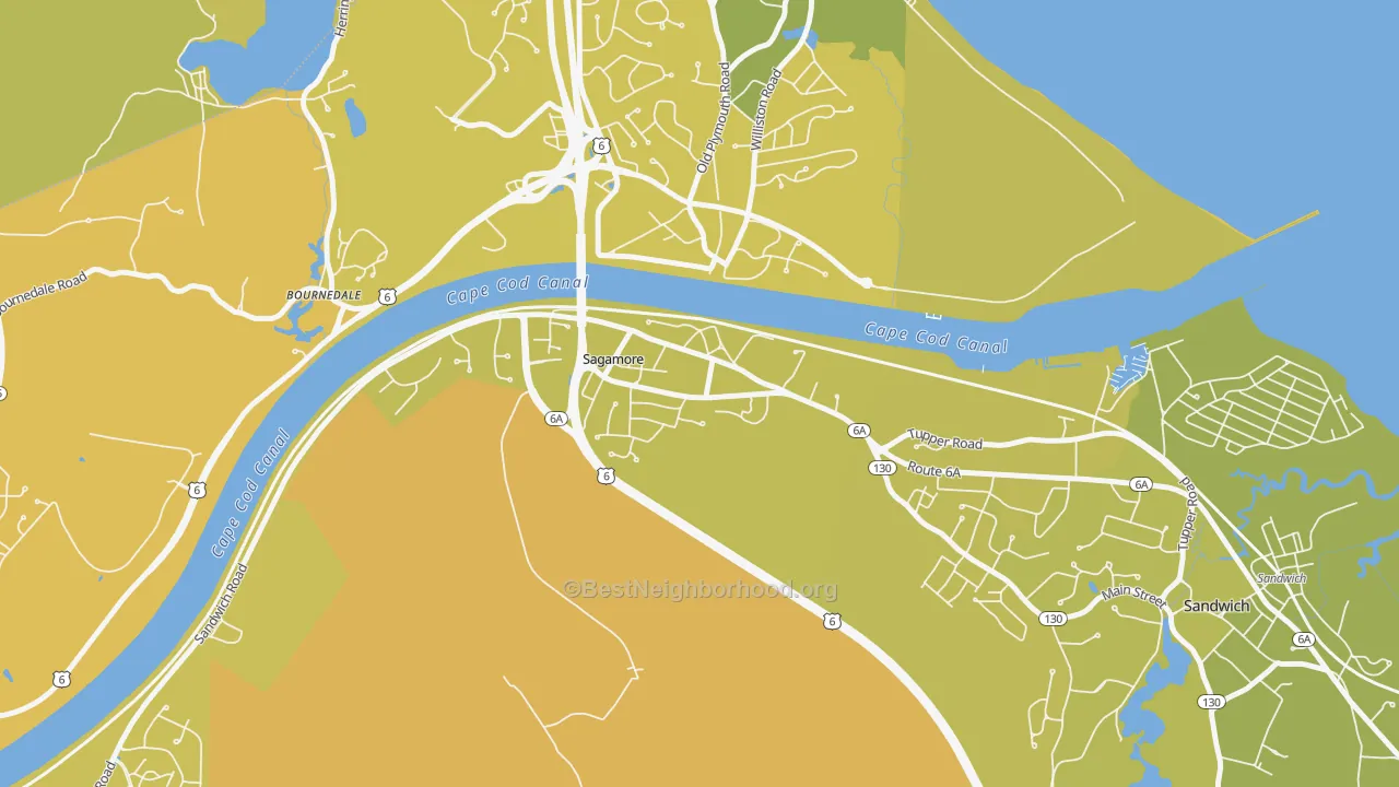 Map of the best neighborhoods in the 02561 area, with better matches in green and worse matches in red