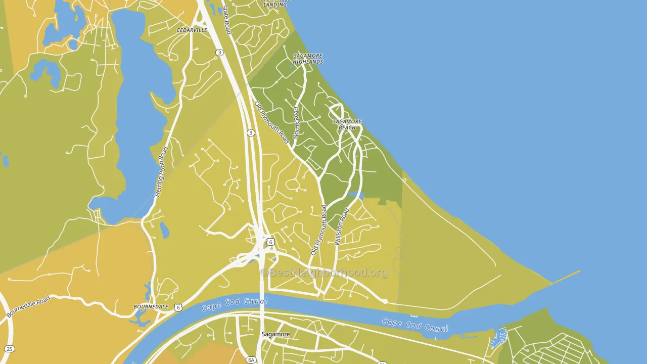 Map of the best neighborhoods in the 02562 area, with better matches in green and worse matches in red