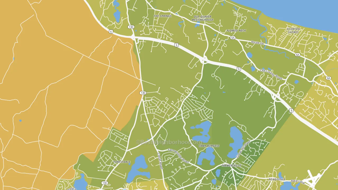 Map of the best neighborhoods in the 02563 area, with better matches in green and worse matches in red