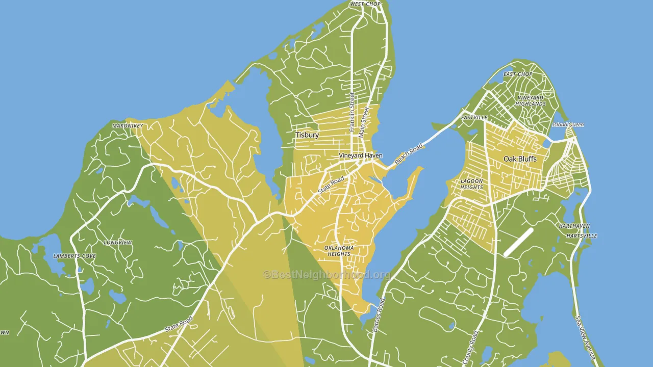 Map of the best neighborhoods in the 02568 area, with better matches in green and worse matches in red