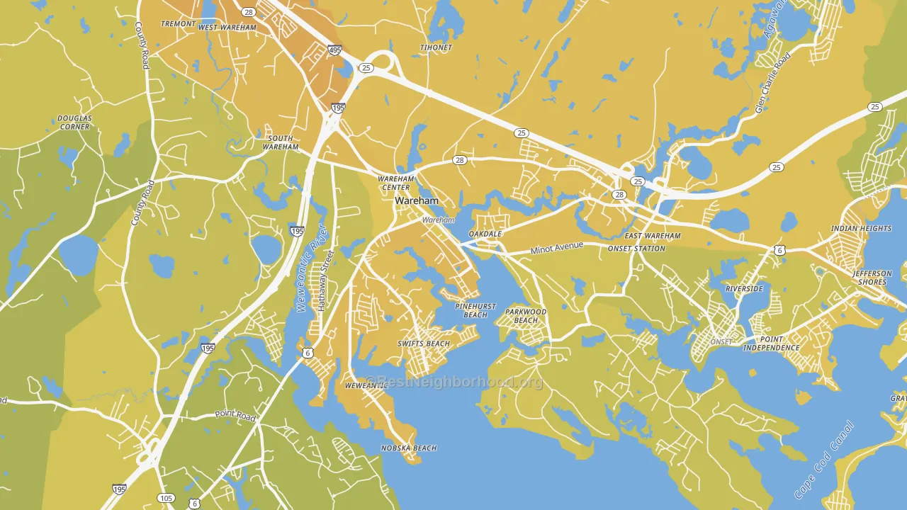 Map of the best neighborhoods in the 02571 area, with better matches in green and worse matches in red