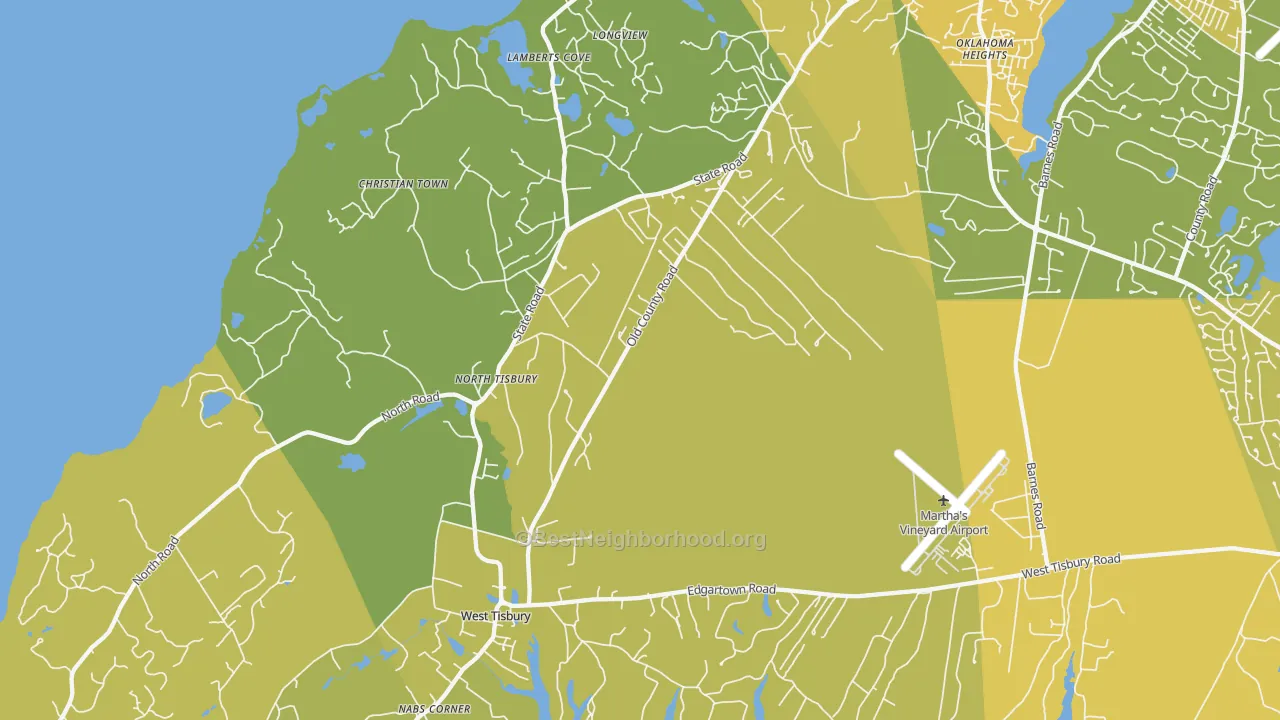Map of the best neighborhoods in the 02575 area, with better matches in green and worse matches in red