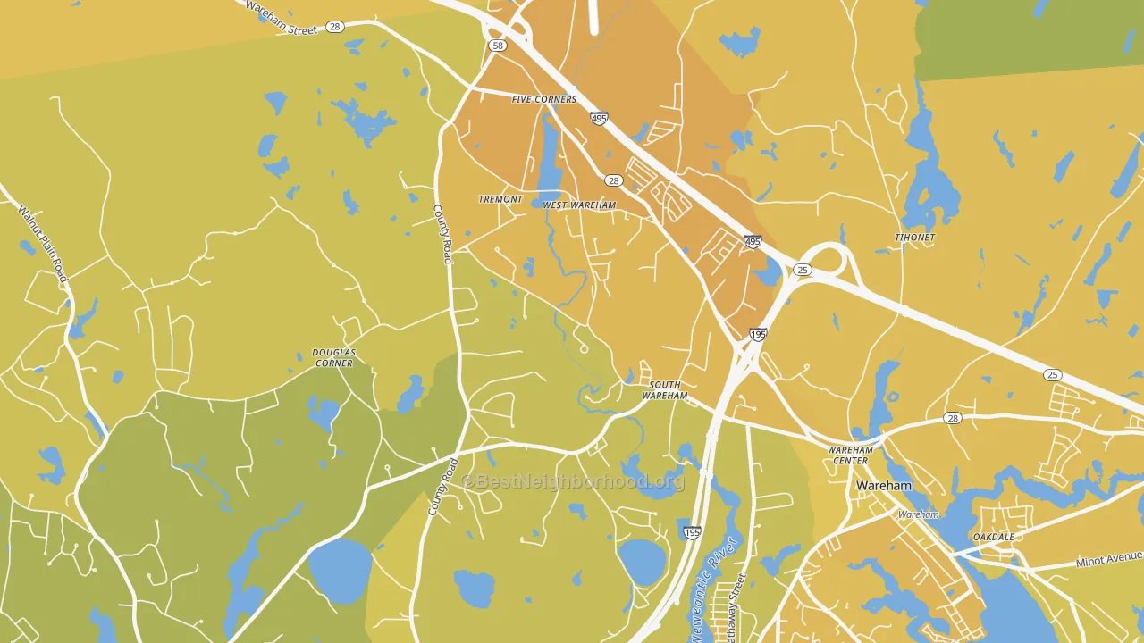 Map of the best neighborhoods in the 02576 area, with better matches in green and worse matches in red
