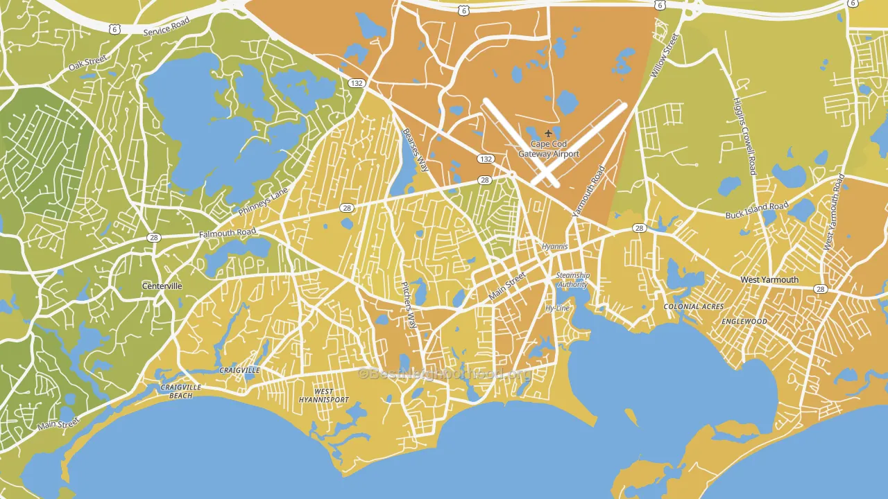 Map of the best neighborhoods in the 02601 area, with better matches in green and worse matches in red