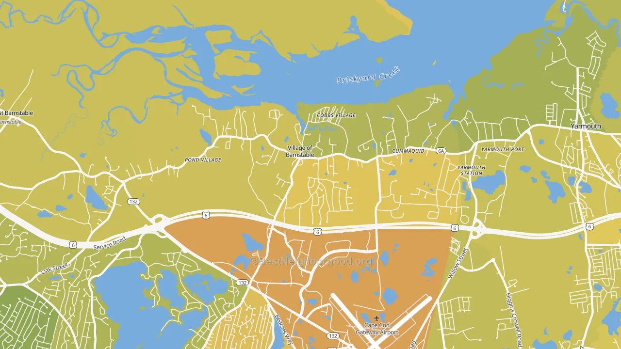 Map of the best neighborhoods in the 02630 area, with better matches in green and worse matches in red