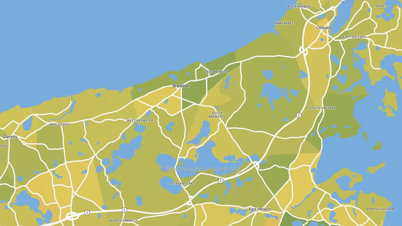 Map of the best neighborhoods in the 02631 area, with better matches in green and worse matches in red